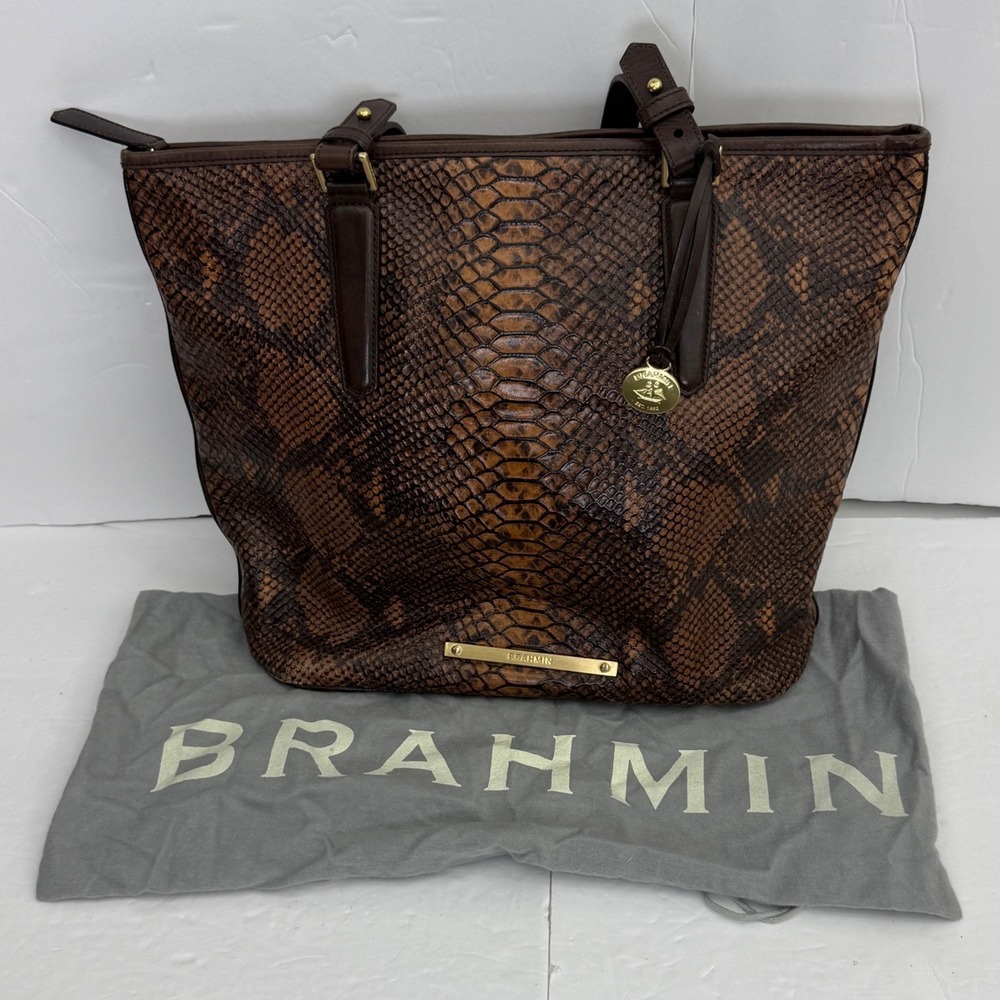 Brahmin Tote Bag Large Brown Snake Tortoise Embossed Leather Zip Top Carryall